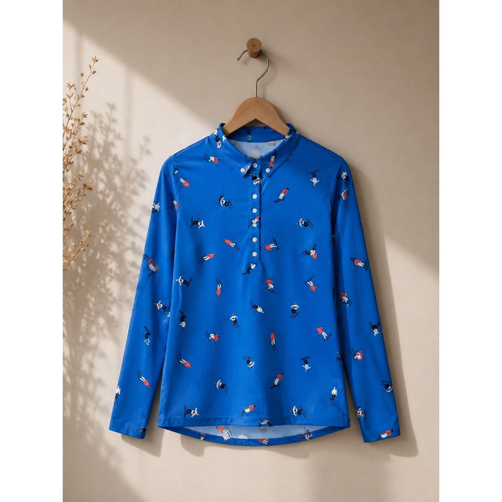 KJUS Womens Blue Skier Print Long Sleeve Performance Polo Shirt UPF 50+ Slim S
